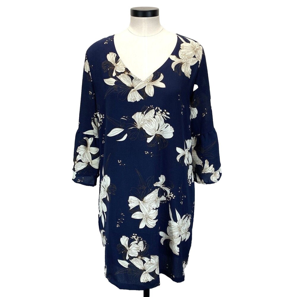 Belongsei Dress Size L Navy Blue Floral Midi Lined 3/4 Bell Sleeve